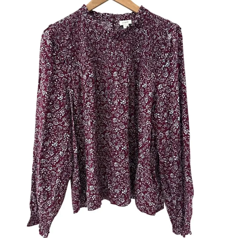 J. Crew Warm Burgundy Blue Bree Smocked Ruffleneck Top‎ Size Large